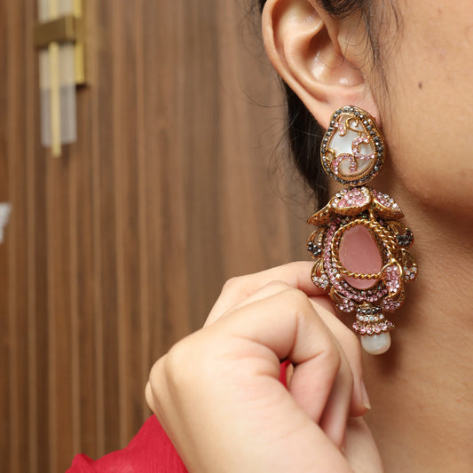 Statement Pink Stone & Pearl Dangle Earrings