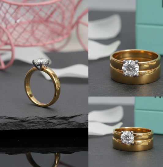 Classic Gold Toned Solitaire Ring Set - Cubic Zirconia Engagement & Wedding Style Stainless Steel