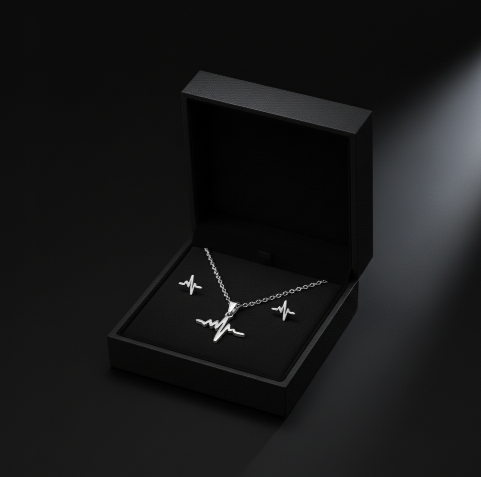 Heartbeat EKG Necklace & Stud Earring Set in Sterling Silver  Stainless Steel