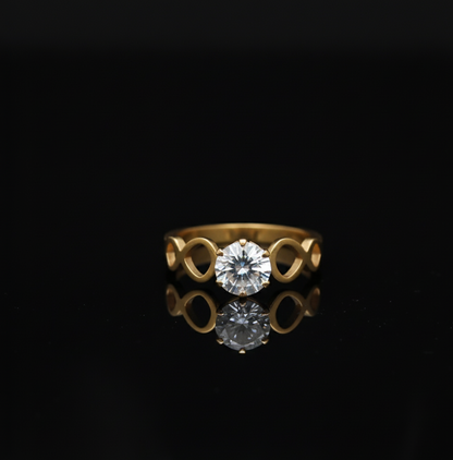 Gold Toned Solitaire Ring with Heart Detail Band  Stainless Steel