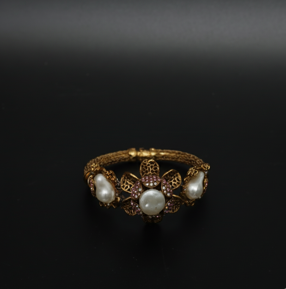 Rhinestone Flower & Pearl Turkish Design Bracelet  Stainless