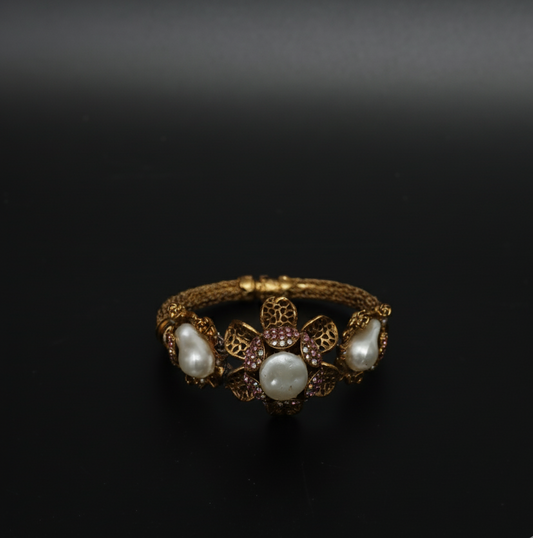 Rhinestone Flower & Pearl Turkish Design Bracelet  Stainless