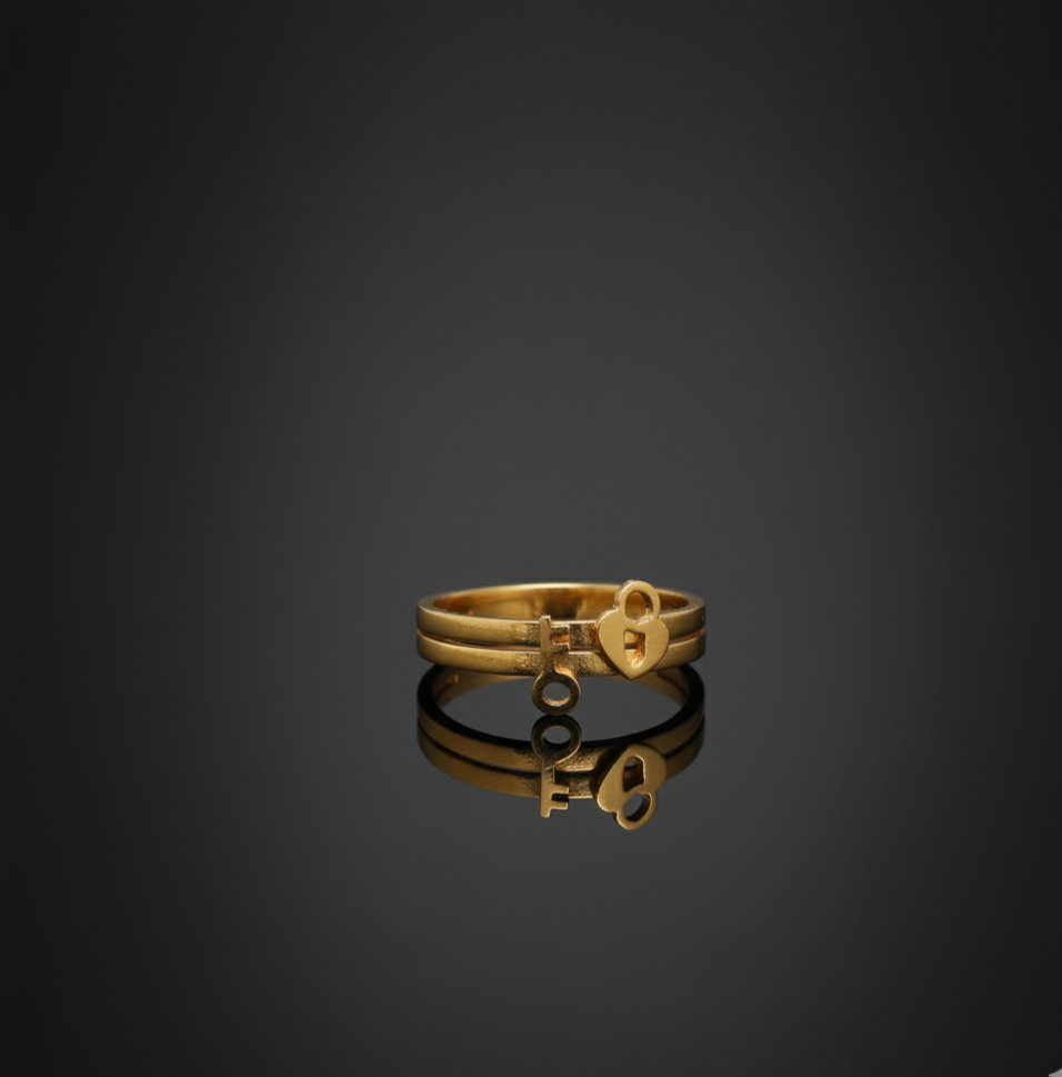 Gold Toned Heart and Key Ring - Symbolic Minimalist   Stainless Steel