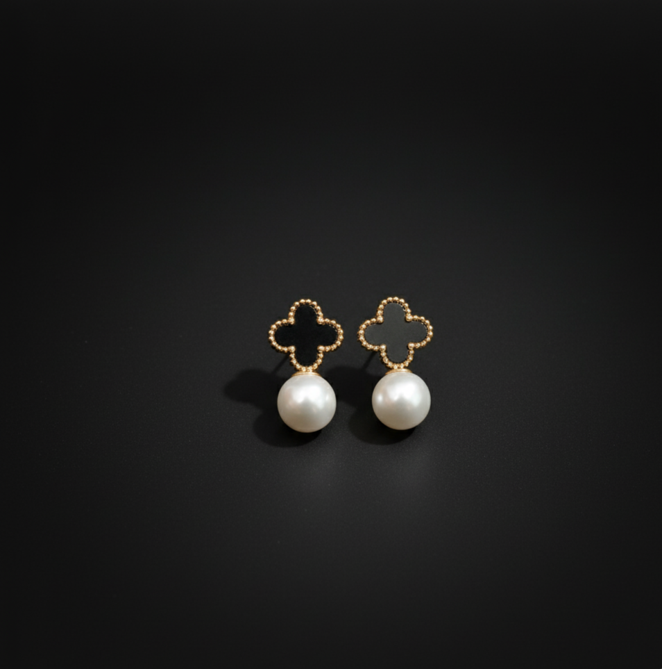 Two-Tone Clover & Pearl Drop Earrings  Stainless Steel