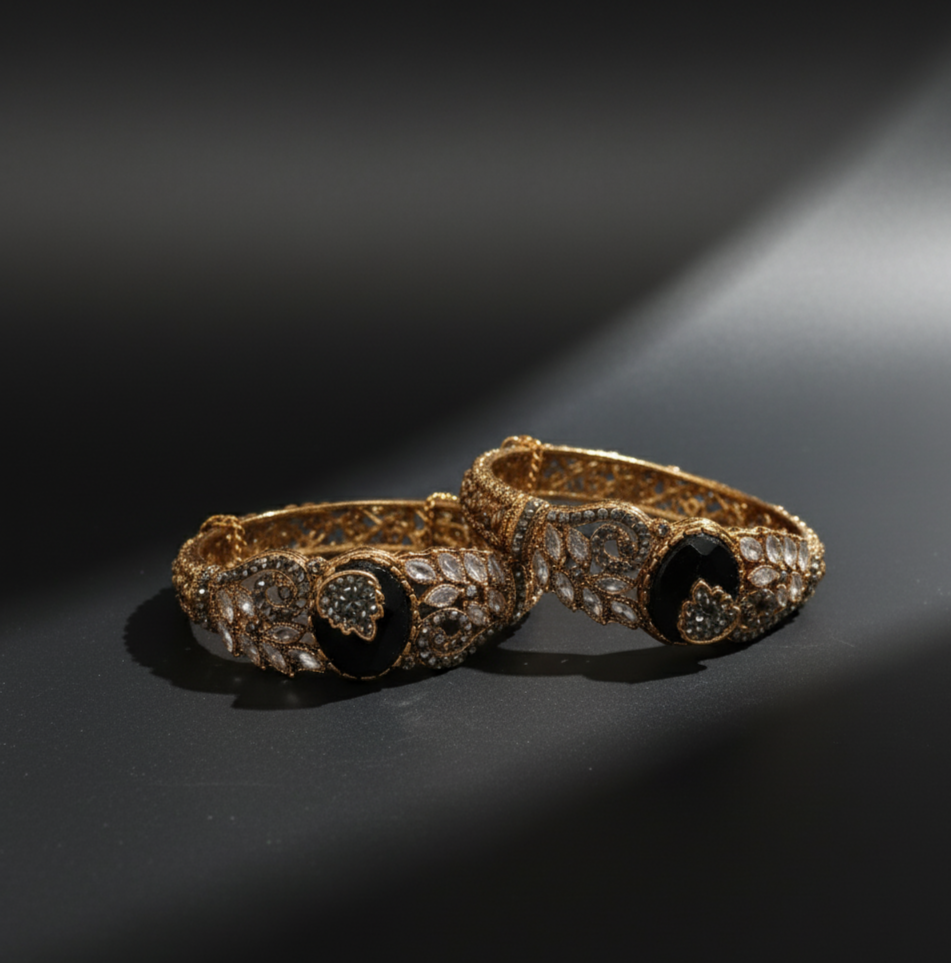 Rhinestone & Black Enamel Turkish Cuff Bangles   Stainless