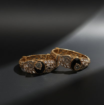 Rhinestone & Black Enamel Turkish Cuff Bangles   Stainless