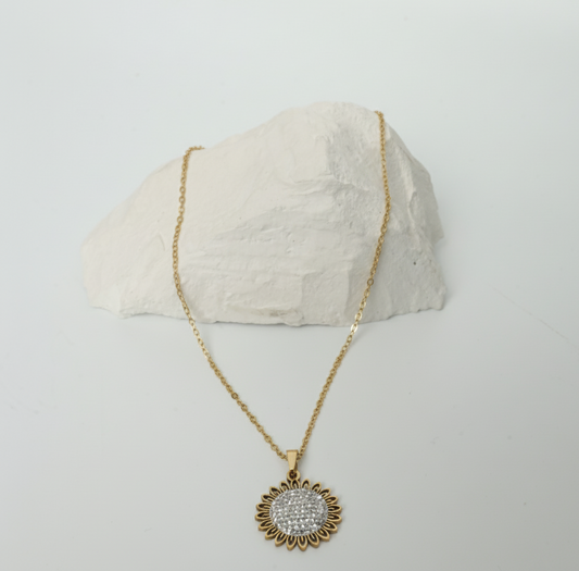 Golden Aura – Radiant Sunburst Pendant Necklace  Stainless Steel