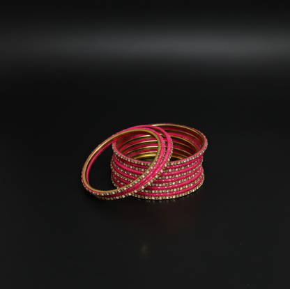 Vibrant Hot Pink Rhinestone Bangle Stack  Stainless